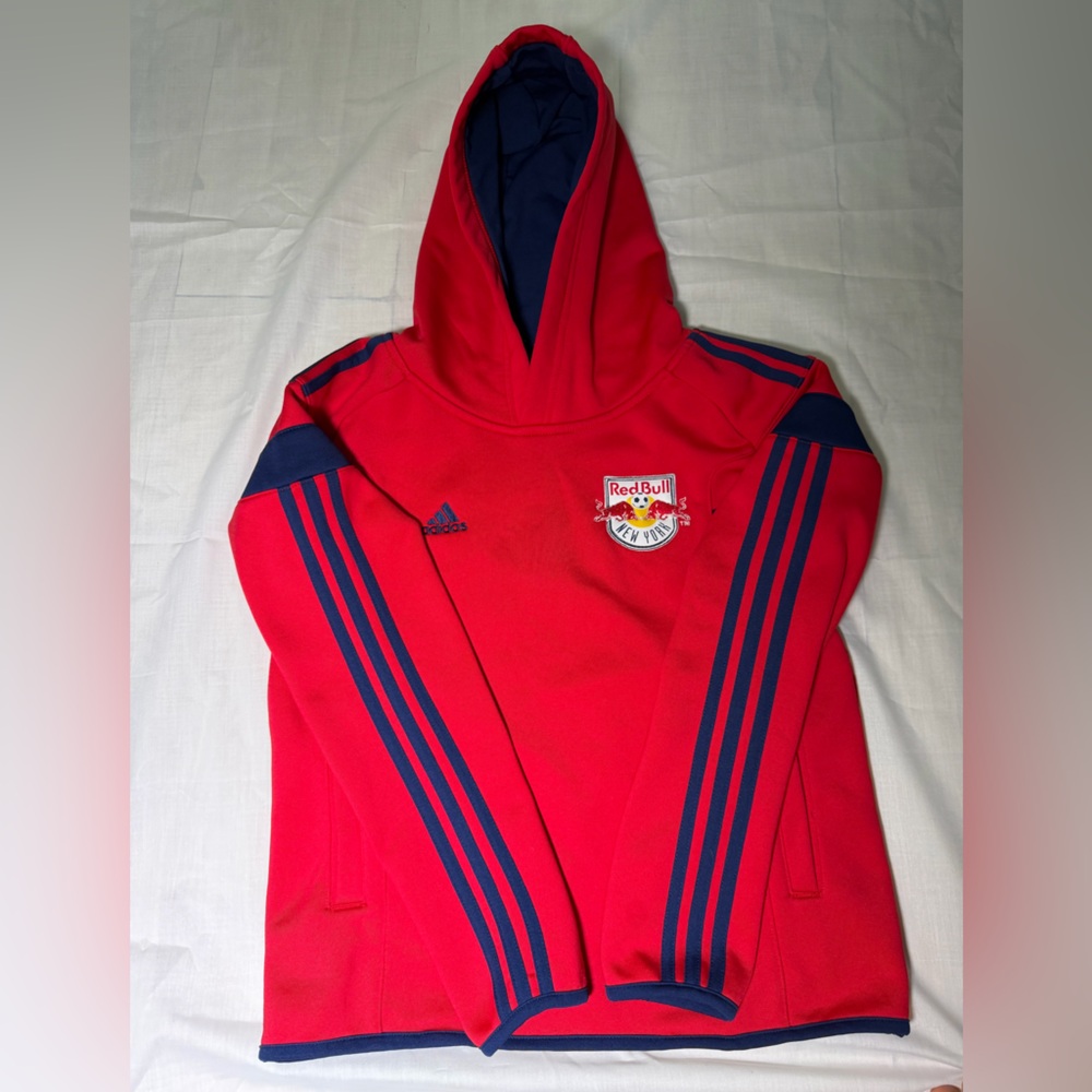 adidas Red Bulls Hooded Pullover with Navy Trim and Team Crest